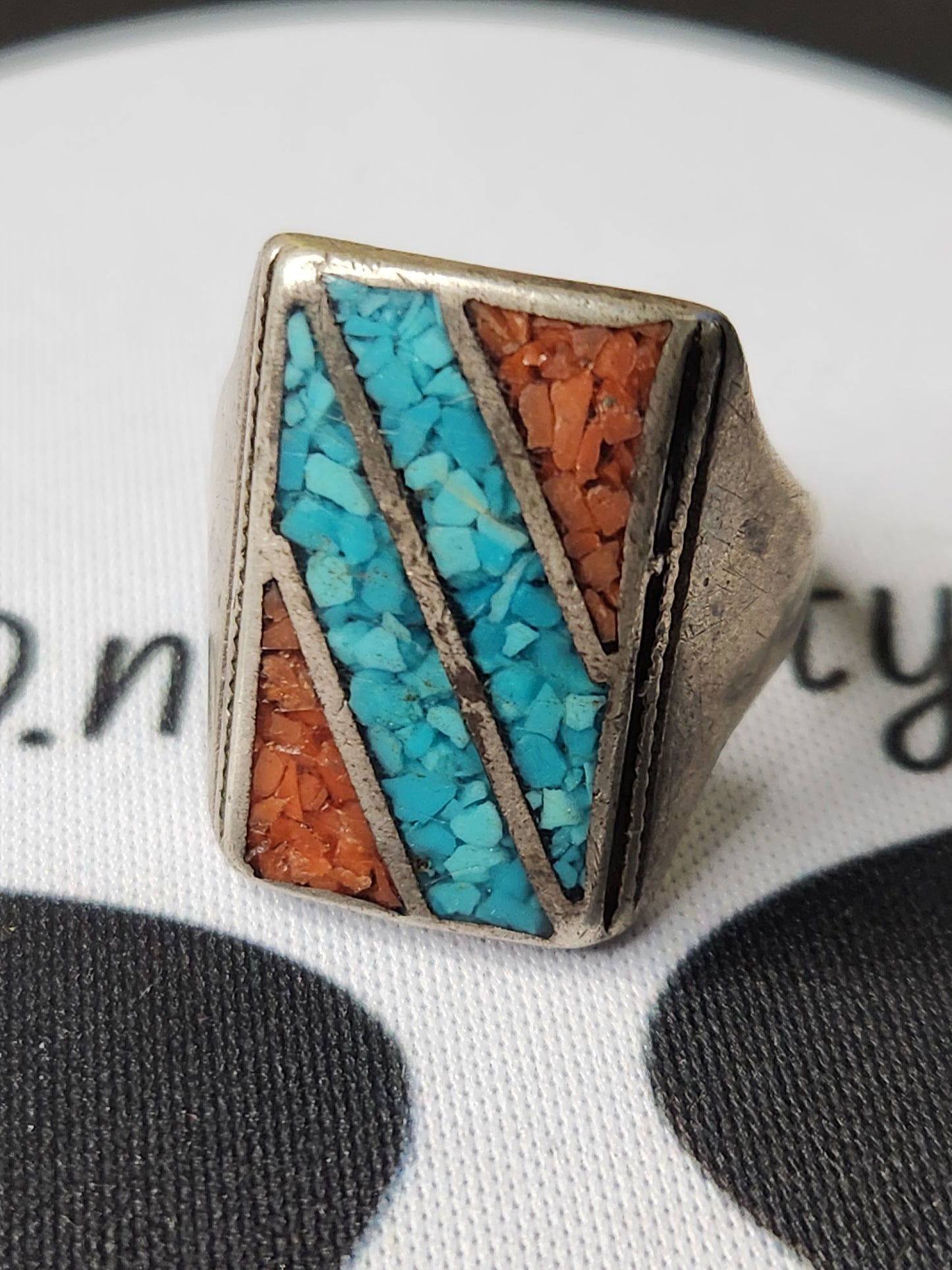 .925 Sterling Silver Crushed Turquoise Inlay Ring Sz 11.5